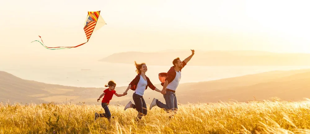 family flying a kite in a field