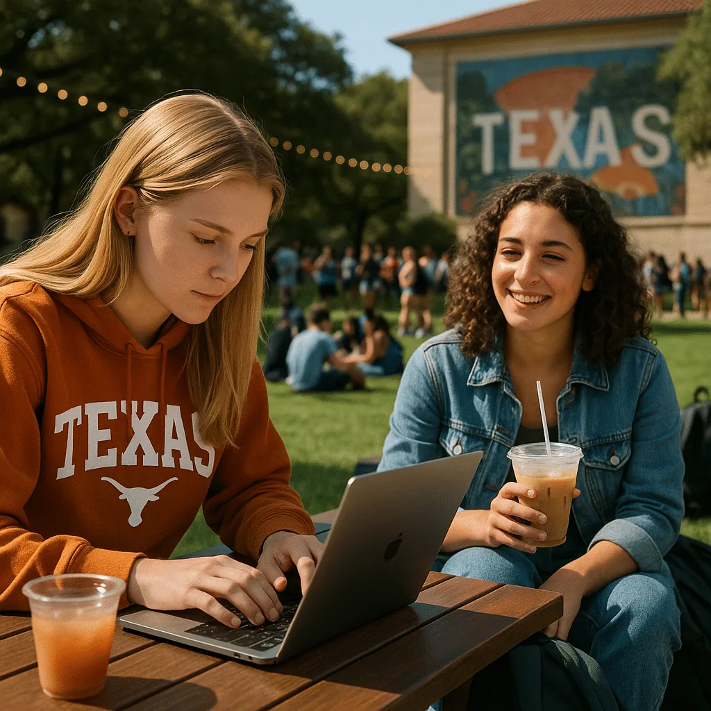 A scene at UT Austin South Mall (university campus lawn), showing 2 person(s) in a youthful, casual setting with natural light and shallow depth of field.