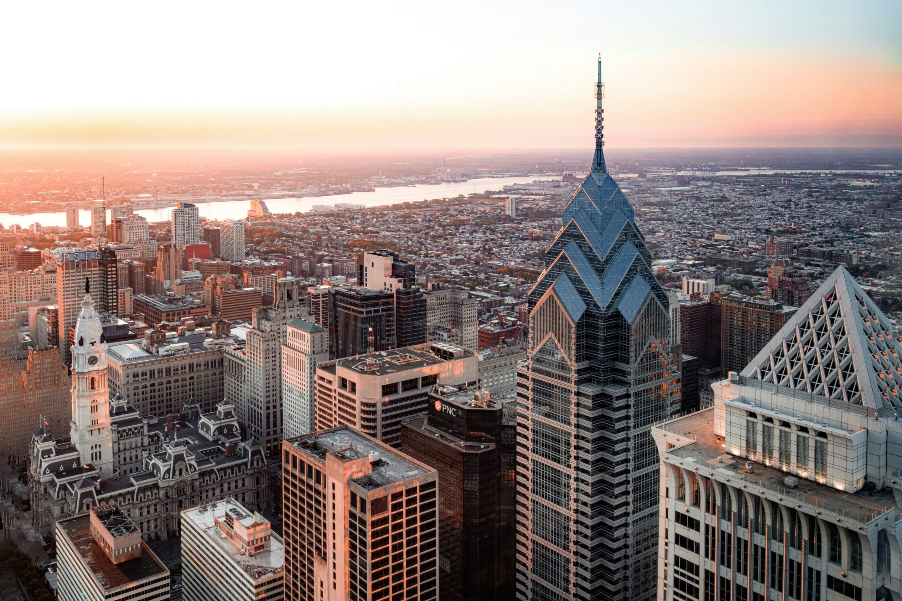 Philadelphia skyline at sunset, representing Eudaimonia Recovery Homes’ sober living options in Philadelphia, PA