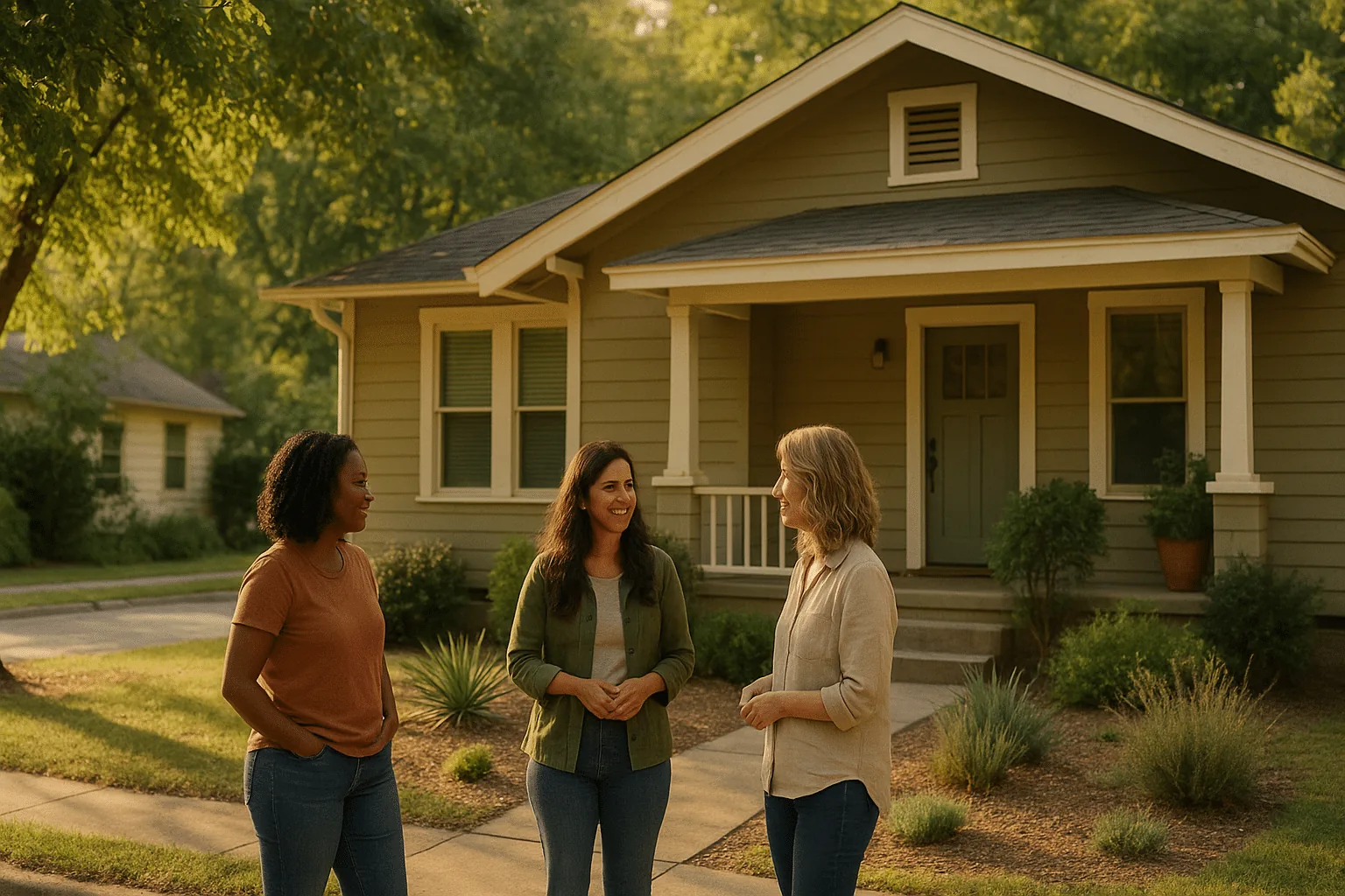 Women talking outside a cozy Austin bungalow at golden hour—photoreal editorial scene for women’s sober living in Austin.