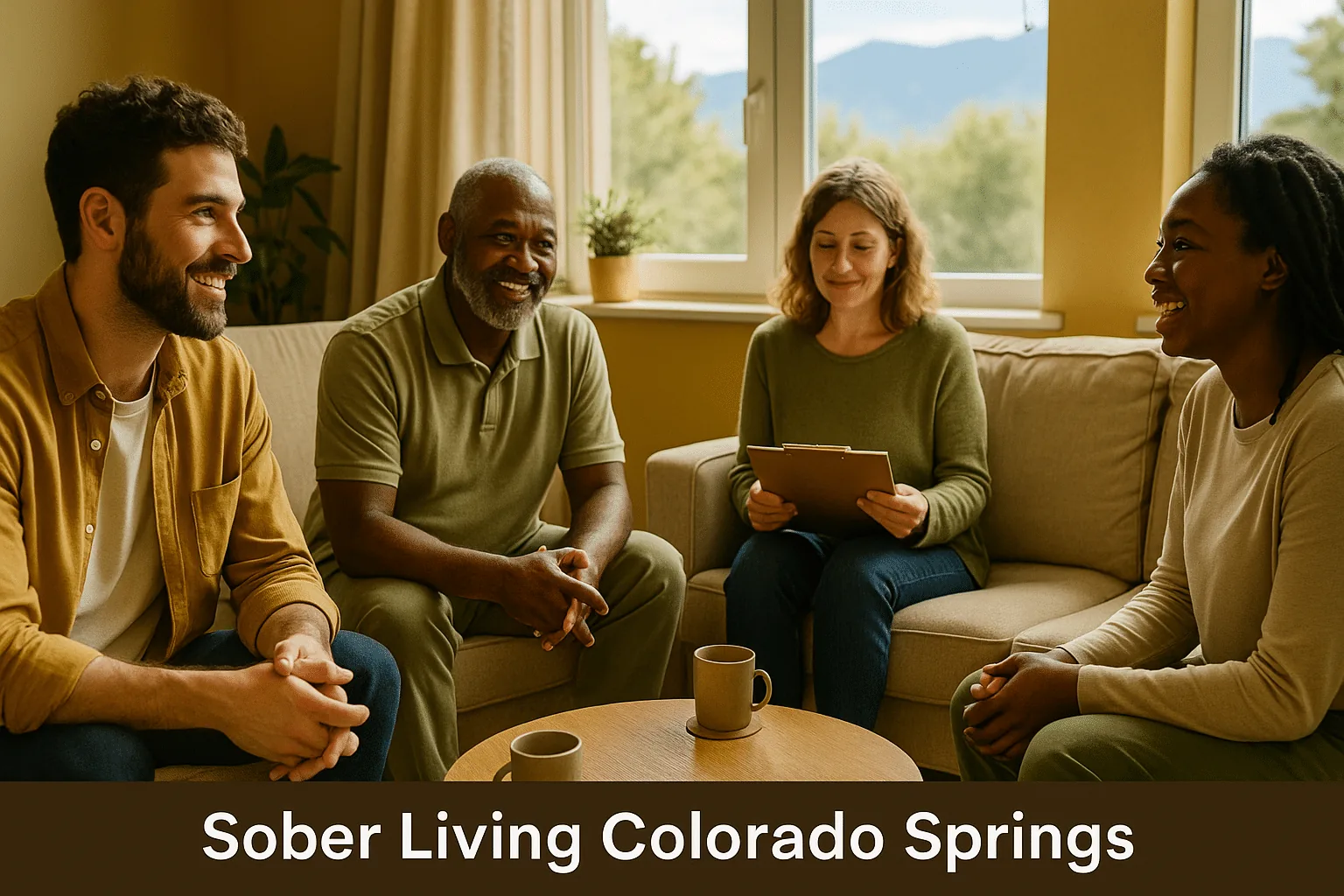 Group meeting in a cozy, supportive sober living Colorado Springs home with residents and a house manager.