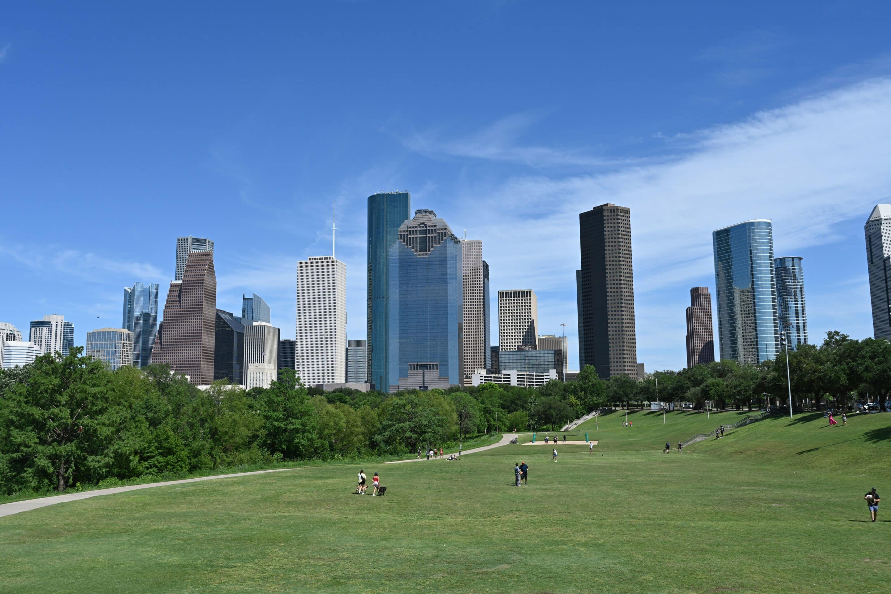 Houston skyline with park symbolizing outpatient recovery and community support.