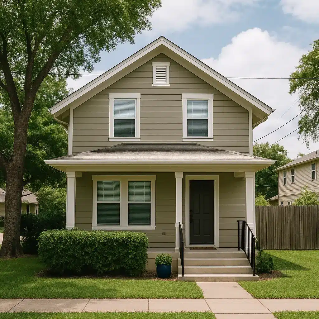 A well-maintained two-story sober living home in Austin with a front porch, green lawn, and surrounding trees, representing a stable and supportive recovery environment.