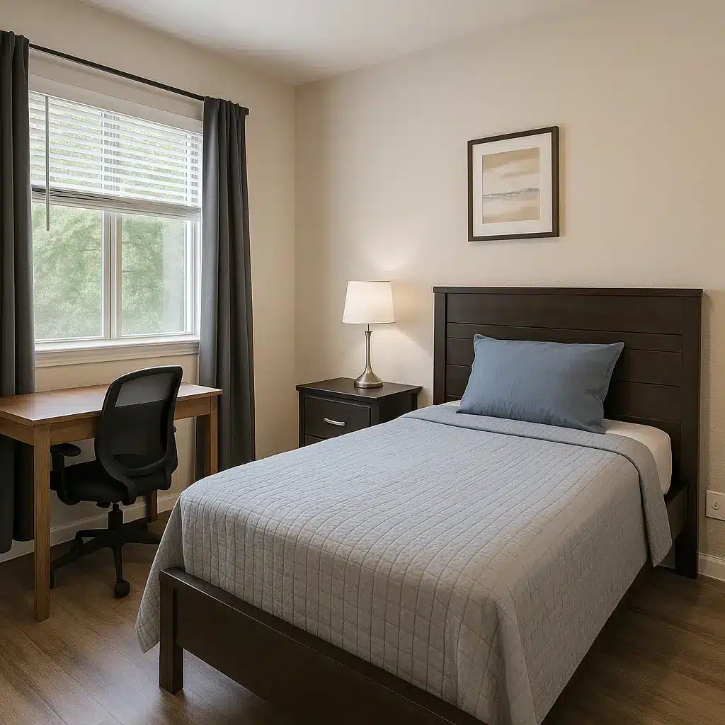 Sober living room for rent in Austin with a clean, private bedroom designed for a substance-free environment