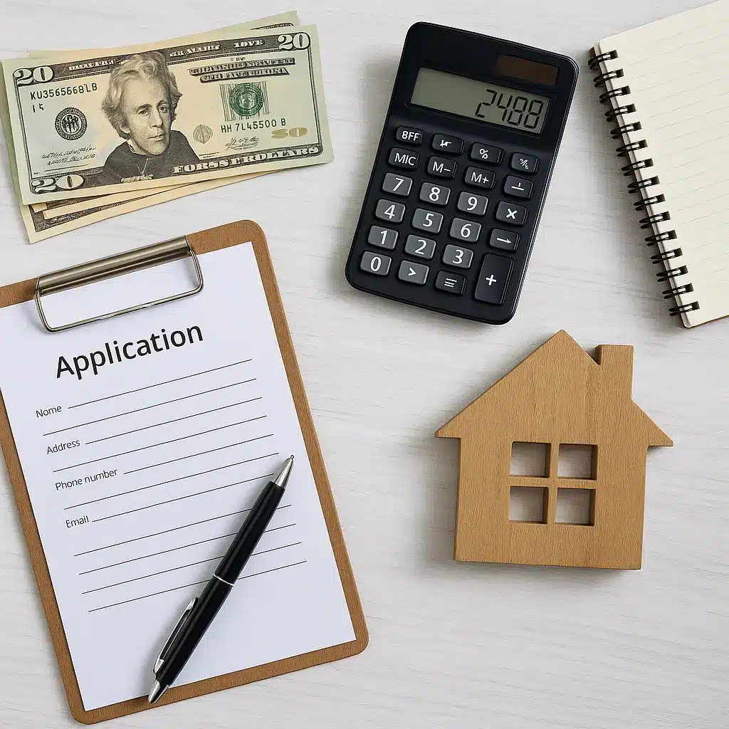 Financial planning items including money, calculator, clipboard, and a wooden house model representing the cost of sober living in Austin