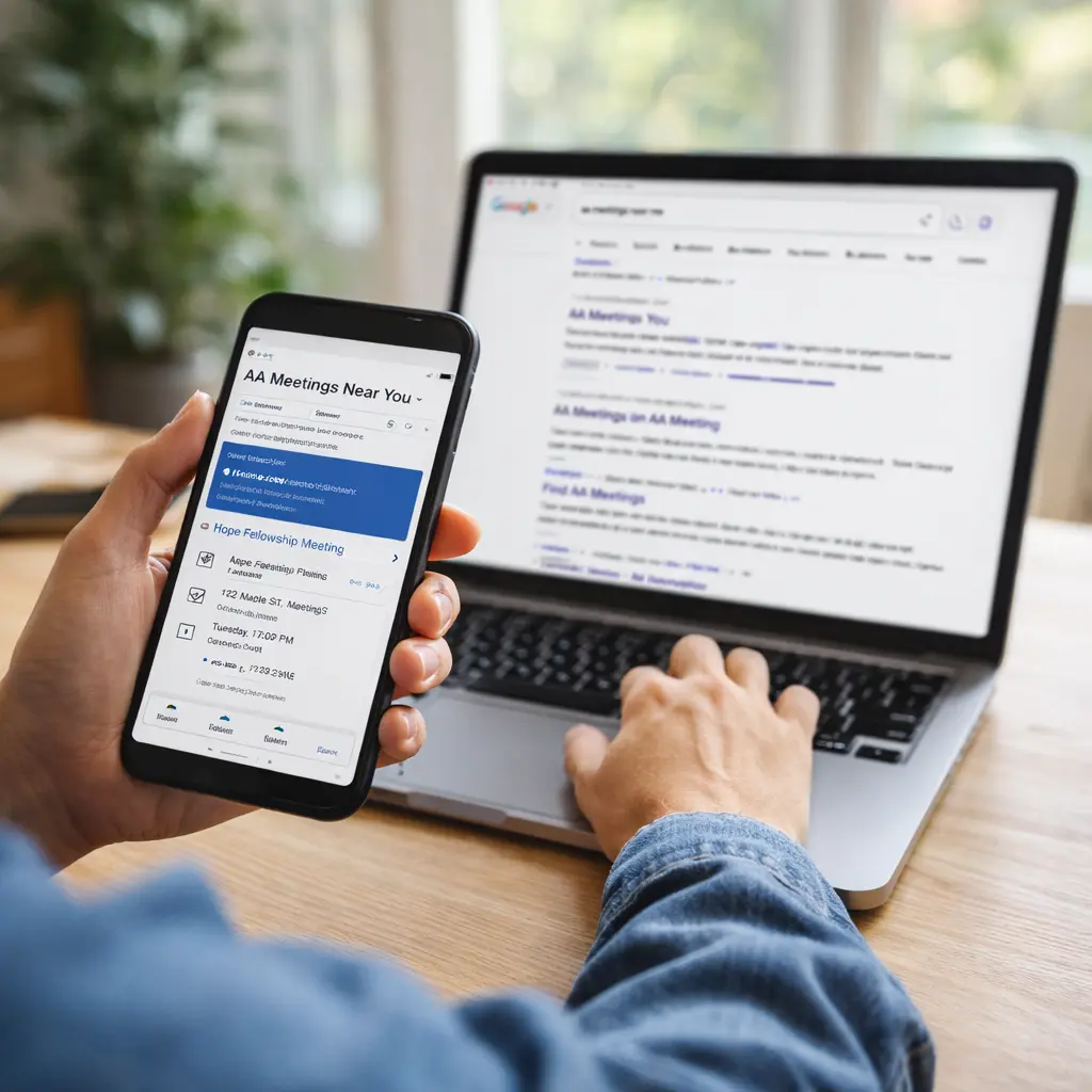 Person searching for AA meetings near me using a phone and laptop