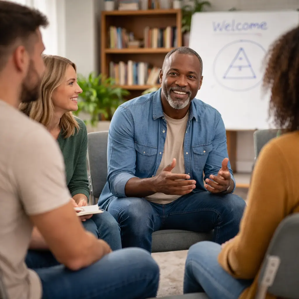 Adults seated in a community support circle, listening and sharing during a peer-led recovery discussion