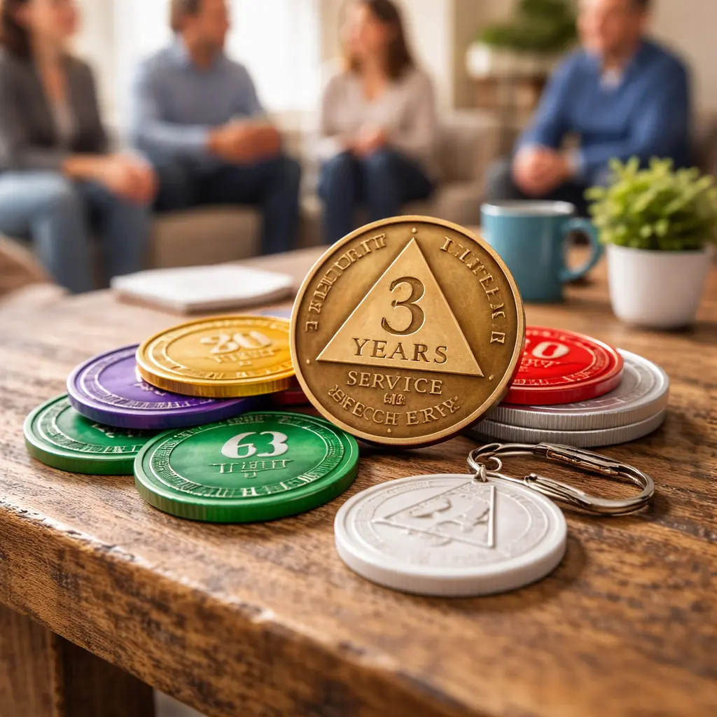 Sobriety coins and AA chips representing multi-year and early recovery milestones on a table
