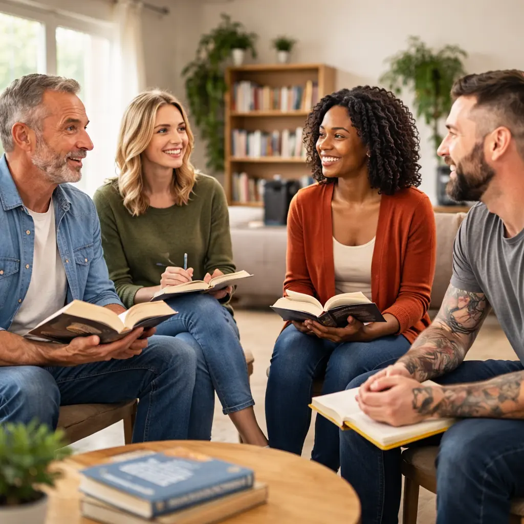 Alcoholics Anonymous meeting participants discussing AA meeting topic ideas in a group setting