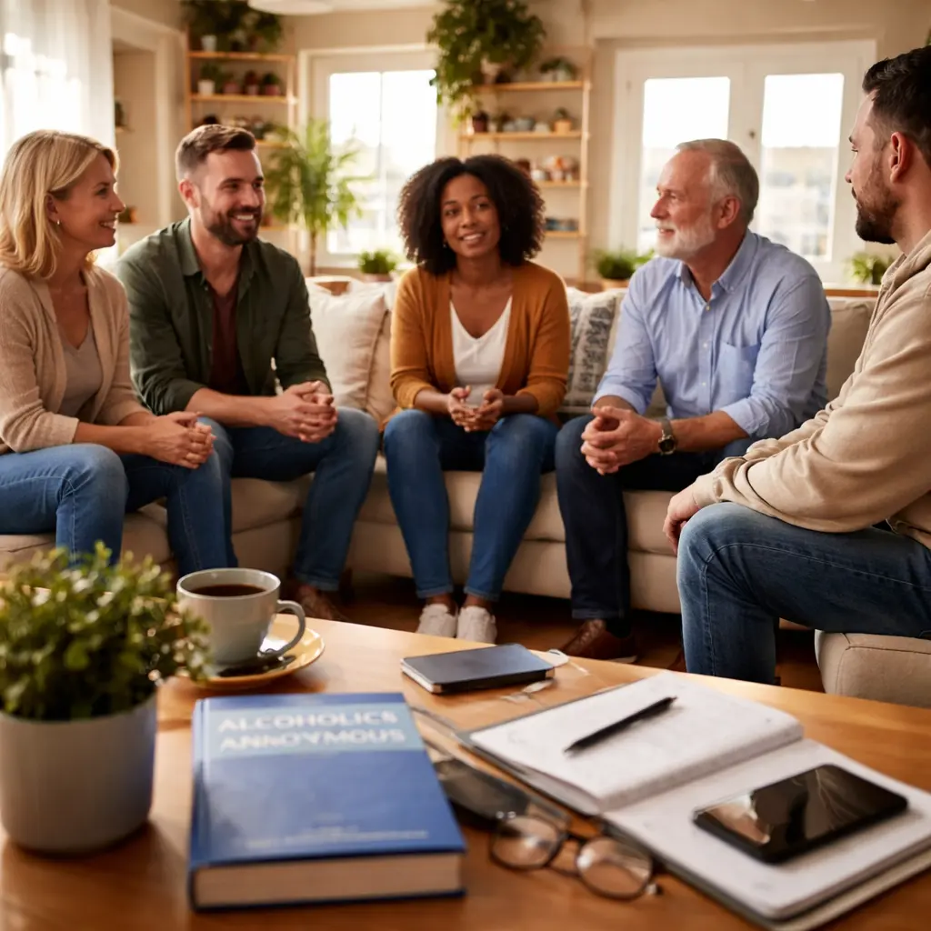 People sitting in a supportive Alcoholics Anonymous meeting in a comfortable home environment