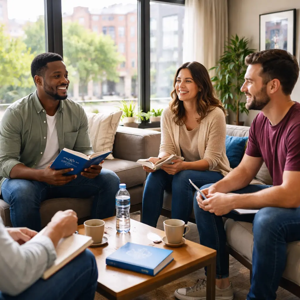 AA meeting in Philadelphia with adults sitting in a supportive group discussion indoors