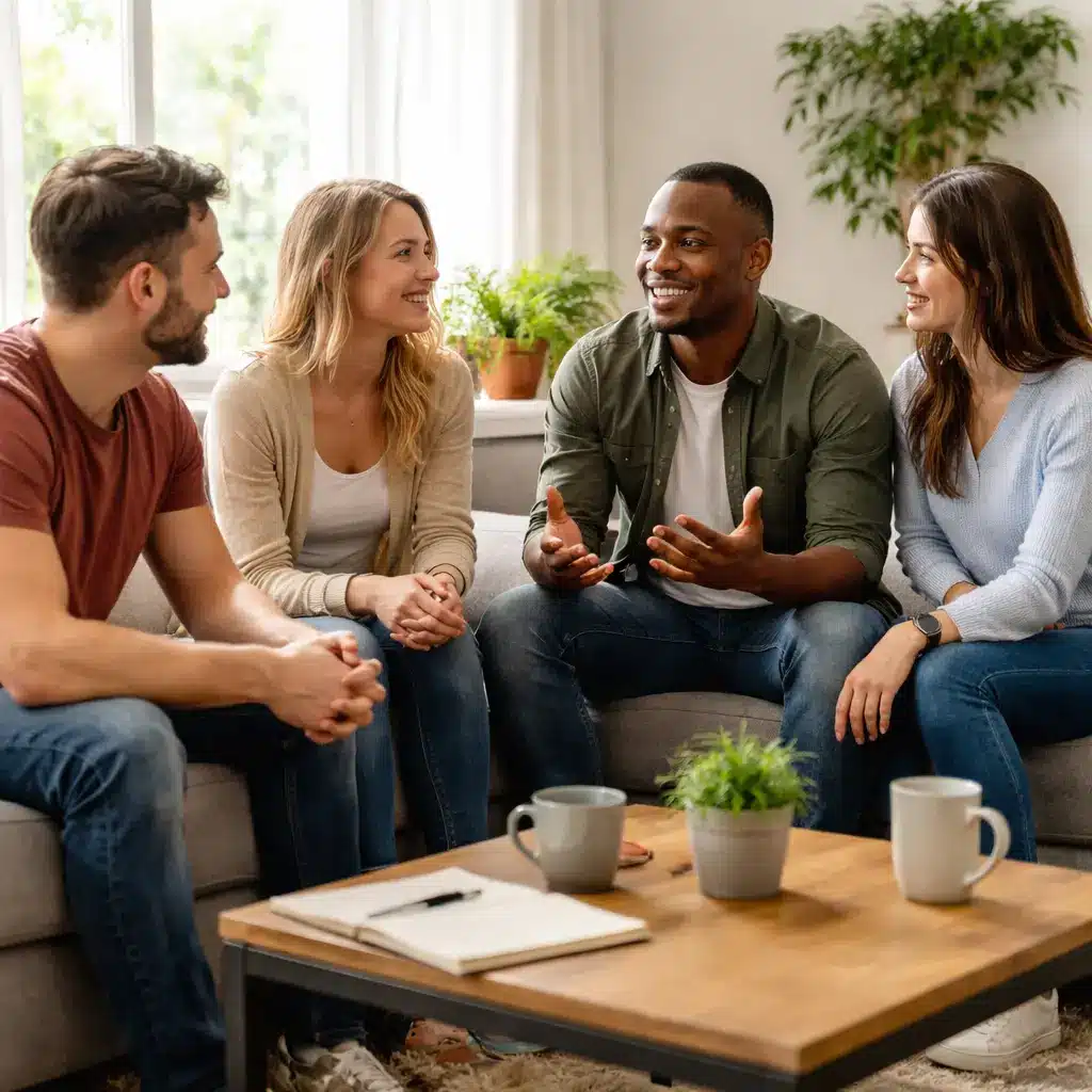 Adults in recovery having a calm group discussion in a sober living home while working on AA Step 9 making amends