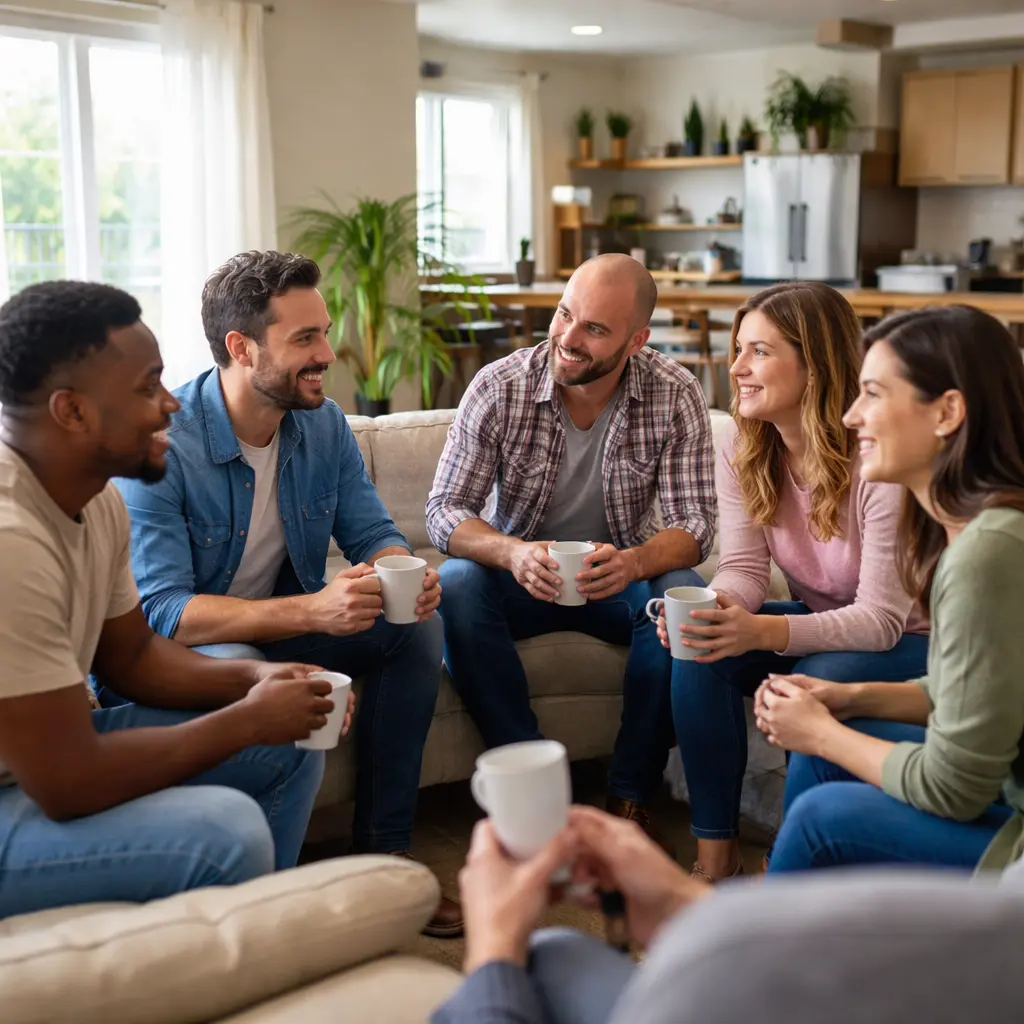 People in recovery sitting together in a sober living home, showing unity and shared support consistent with AA Tradition One.