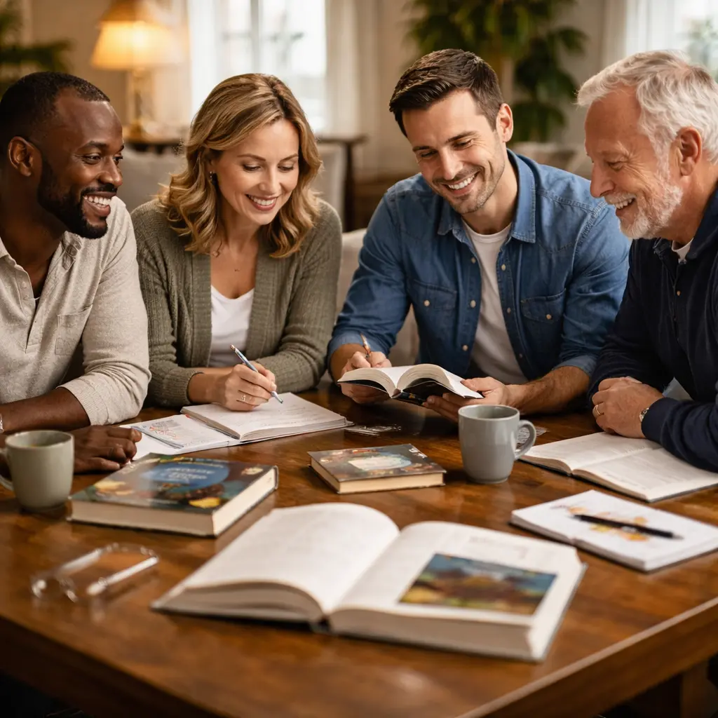 Sober living residents studying the AA 12 and 12 book during a group discussion