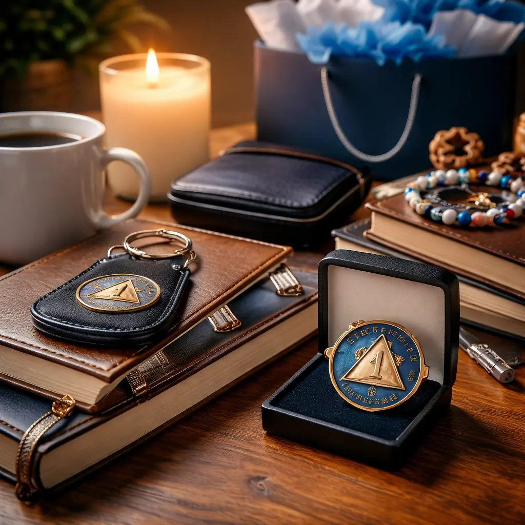 Alcoholics Anonymous sobriety anniversary gifts including recovery medallion, AA book, candle, and journal on a wooden table