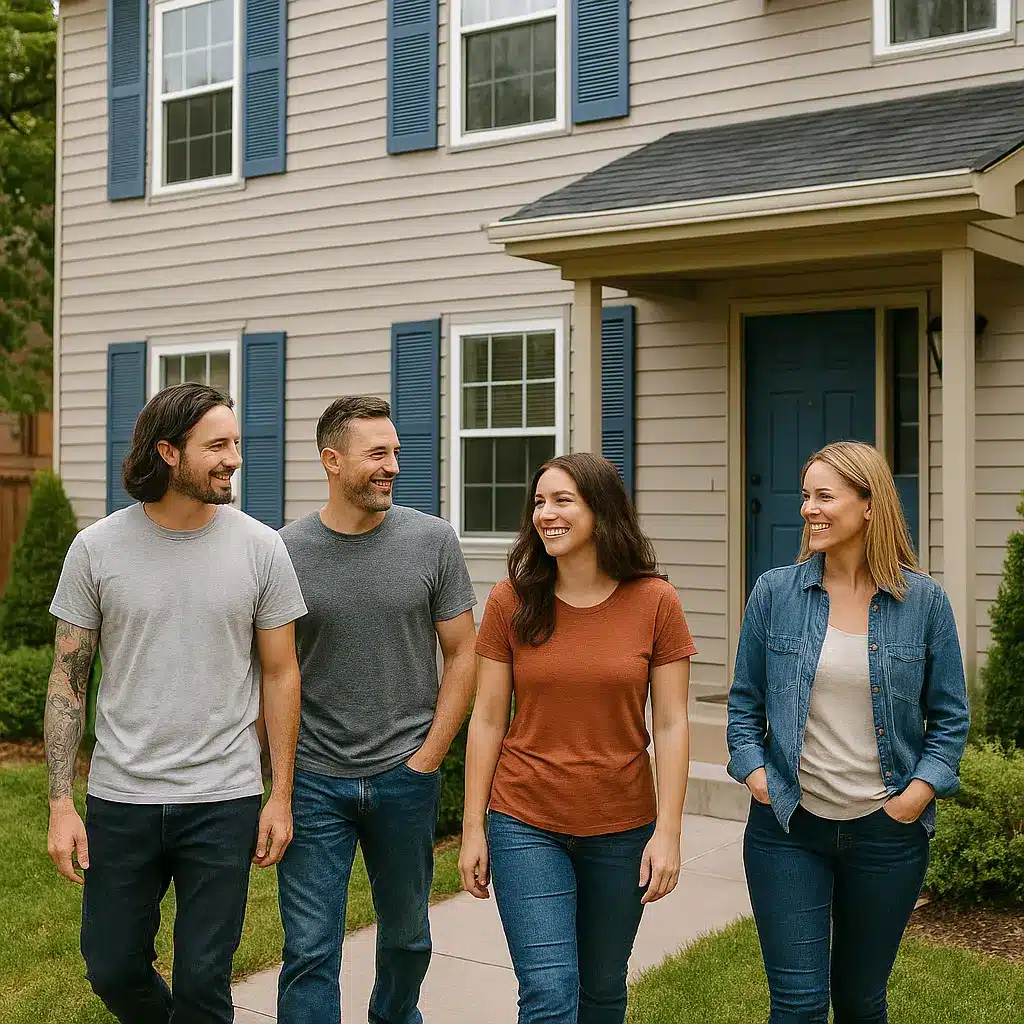 A group of adults walking together in front of a supportive sober living home, representing affordable recovery housing and community-focused transitional living in Colorado Springs.