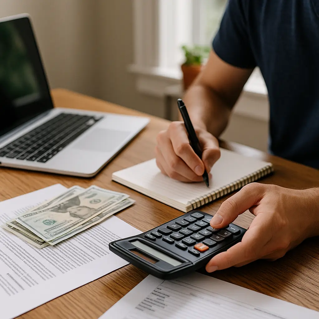 A person budgeting at a desk with a calculator, cash, and documents, representing financial assistance options for affordable sober living in Austin.