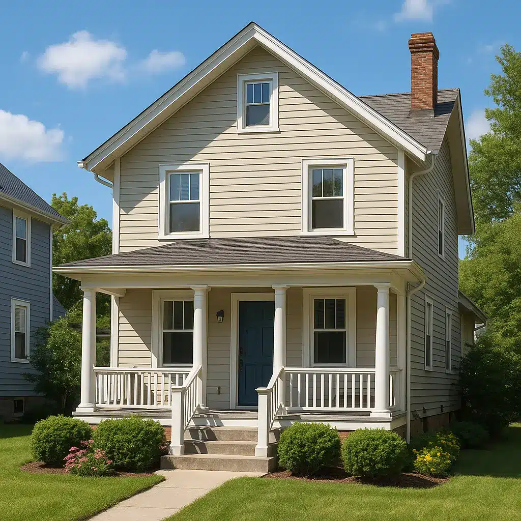 A well-maintained two-story sober living home with a front porch, clean landscaping, and natural daylight, representing residential sober living near me in Philadelphia.