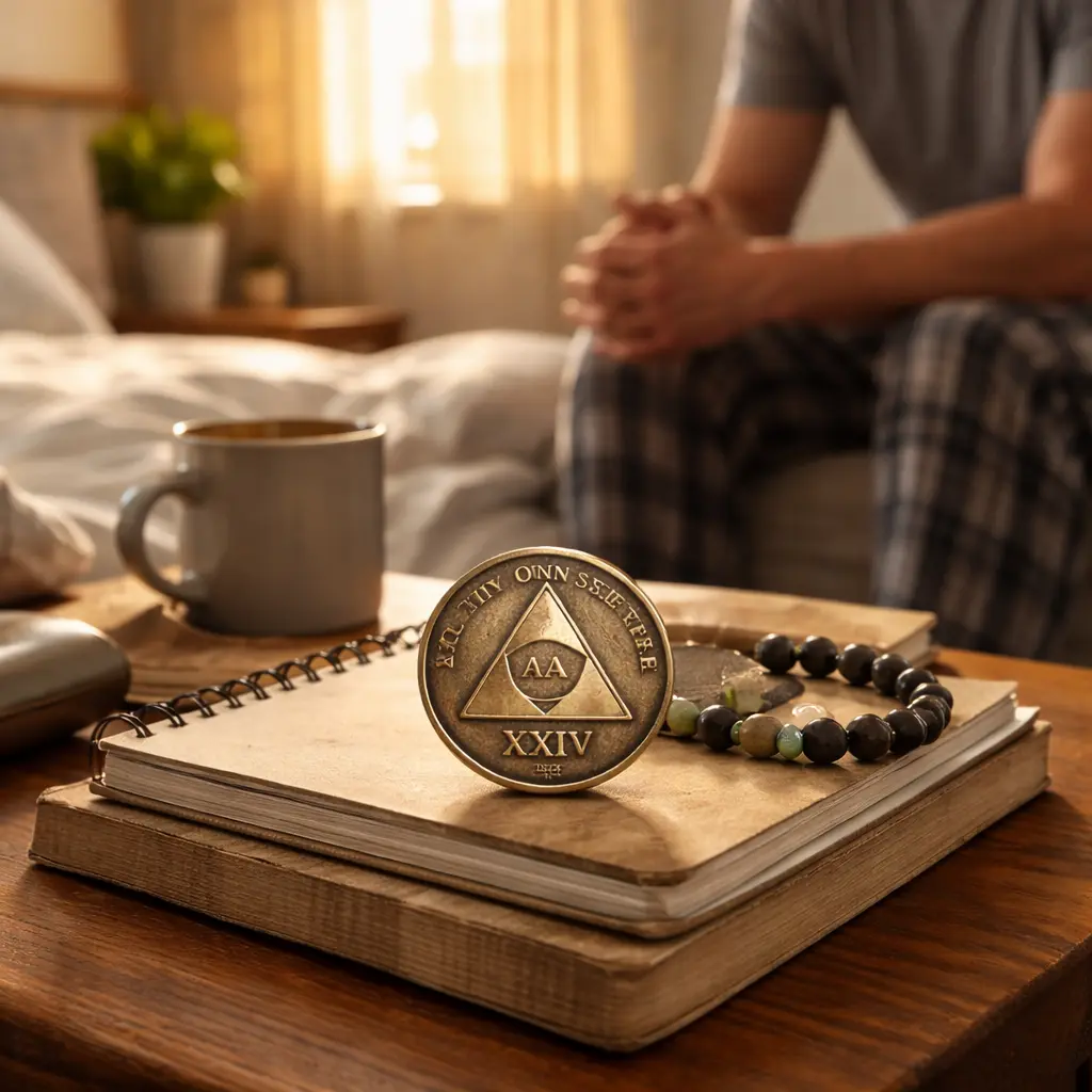 Unity service recovery coin resting on a bedside table as a personal recovery reminder