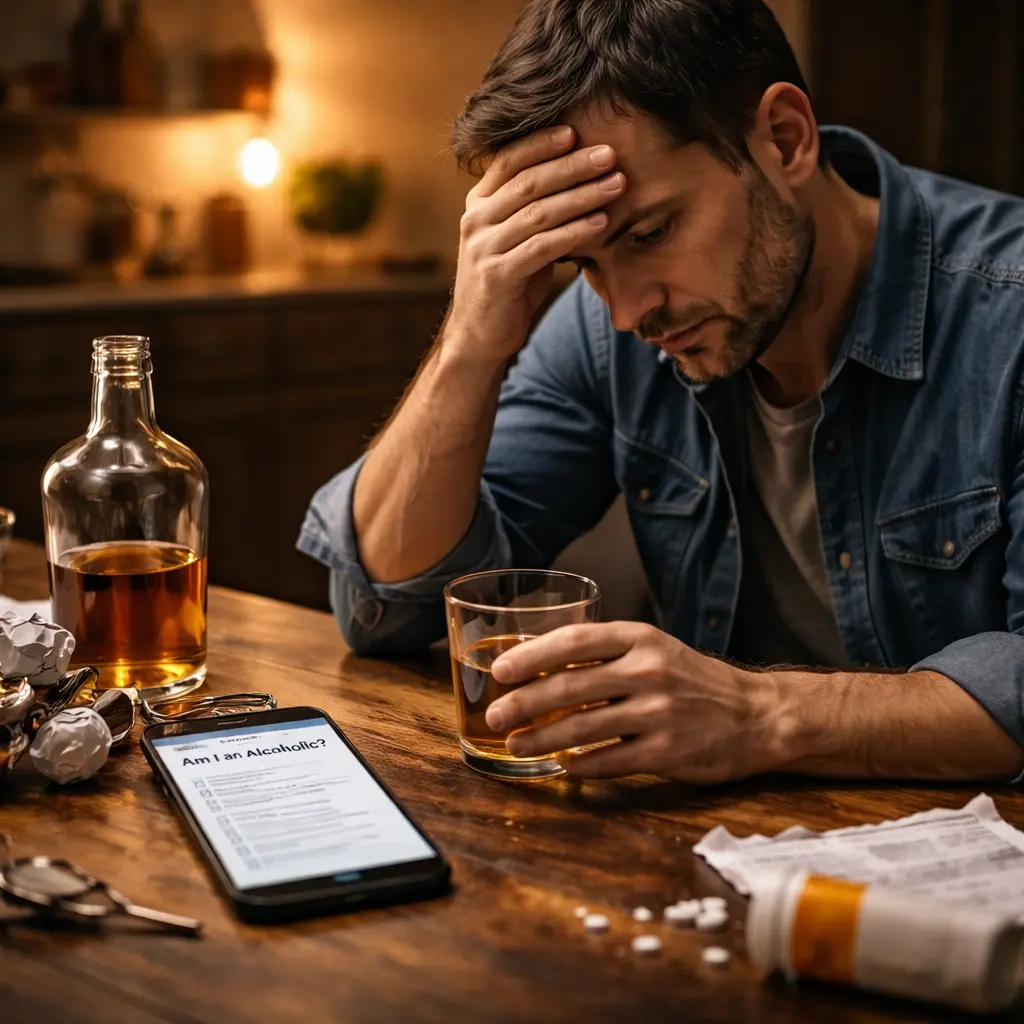 Man sitting alone with a drink, reflecting on warning signs of alcohol abuse and questioning if he has a drinking problem.