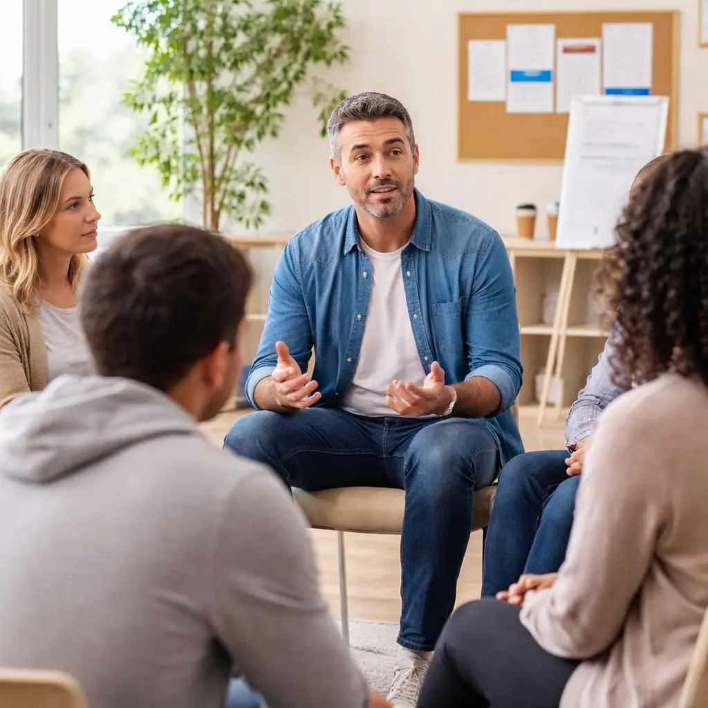 Group therapy session during inpatient alcohol treatment with participants discussing recovery in a supportive residential rehab setting