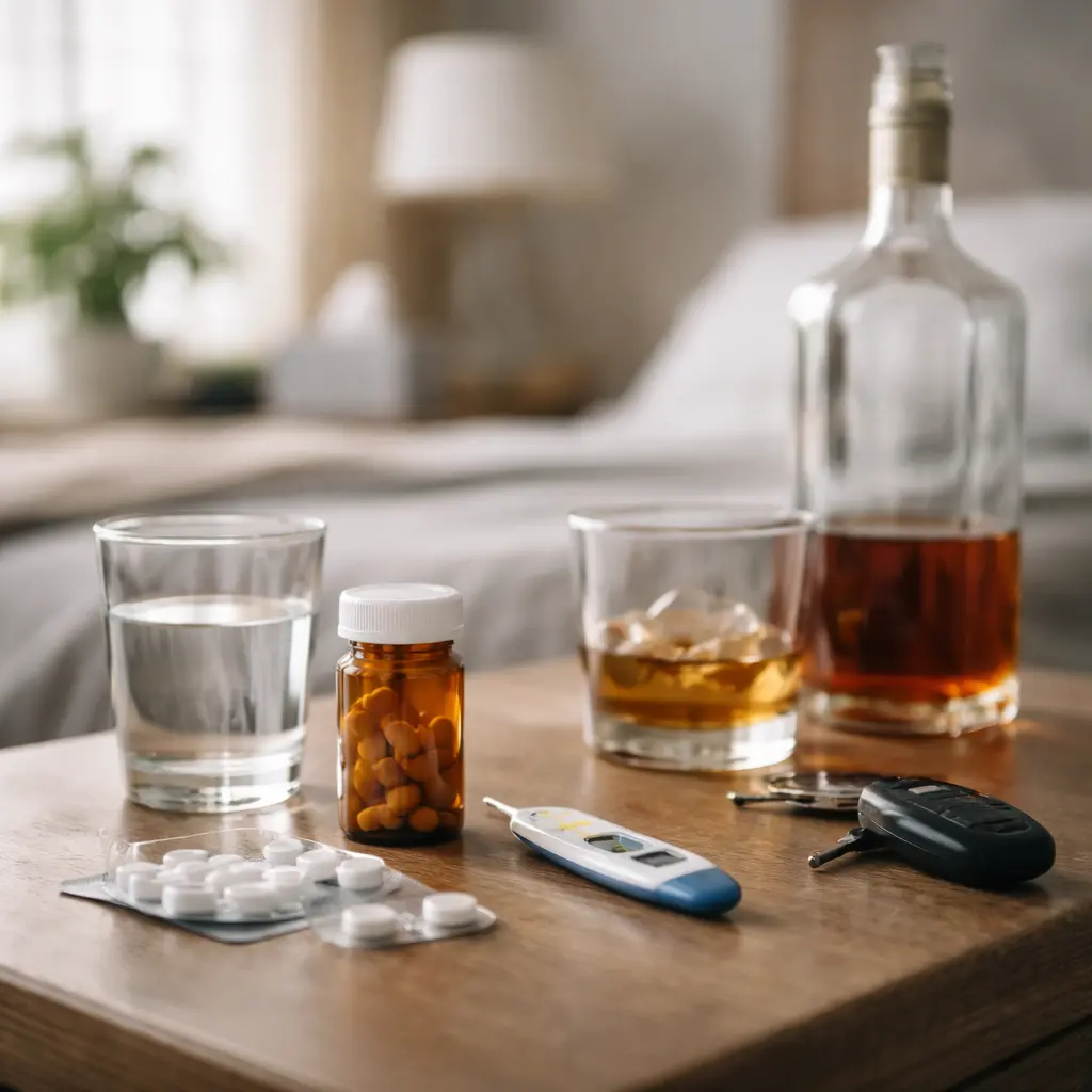 Alcohol detox setup showing medication, water, and an empty liquor bottle during alcohol withdrawal symptoms.