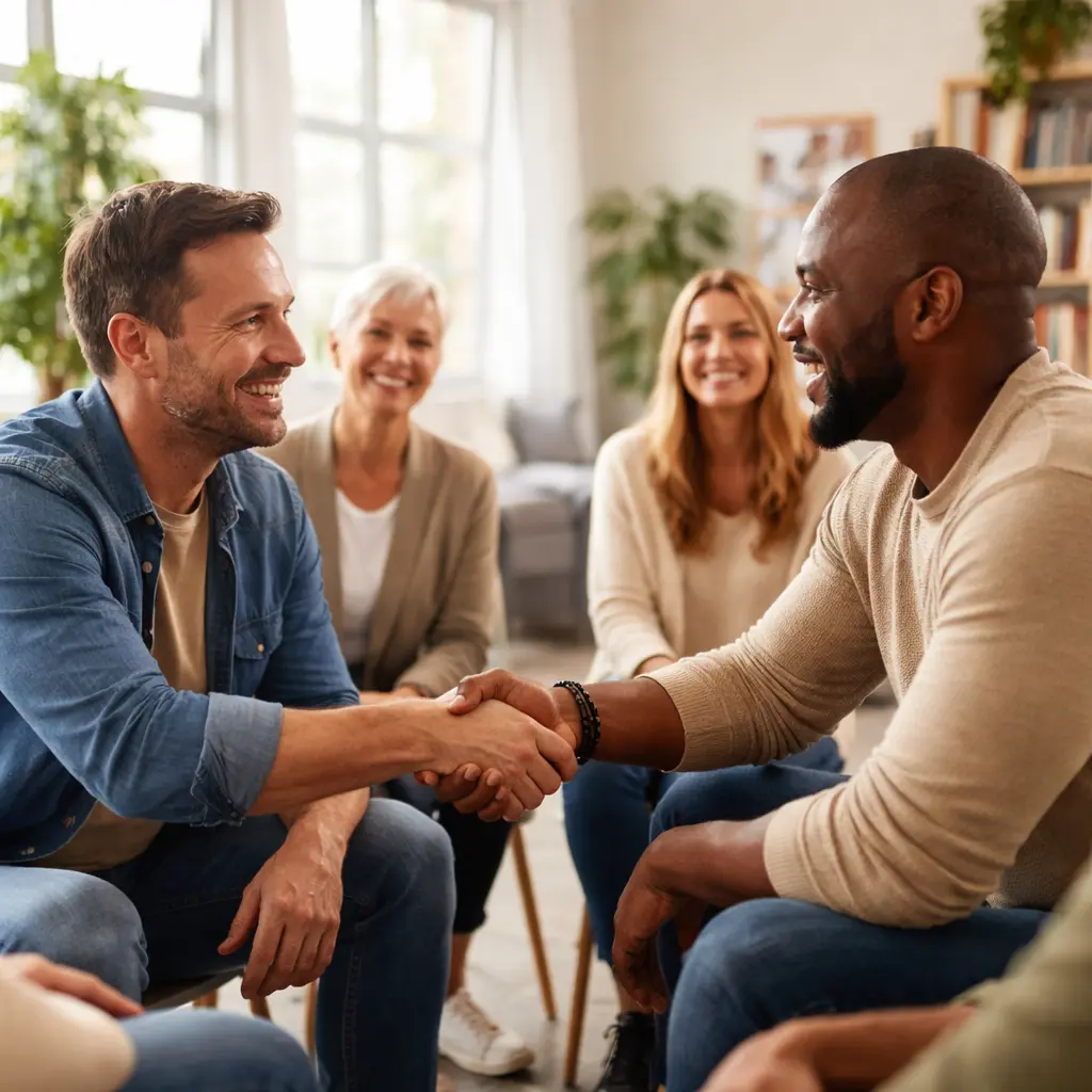People participating in an Alcoholics Anonymous support group focused on quitting alcohol and building early sobriety through connection