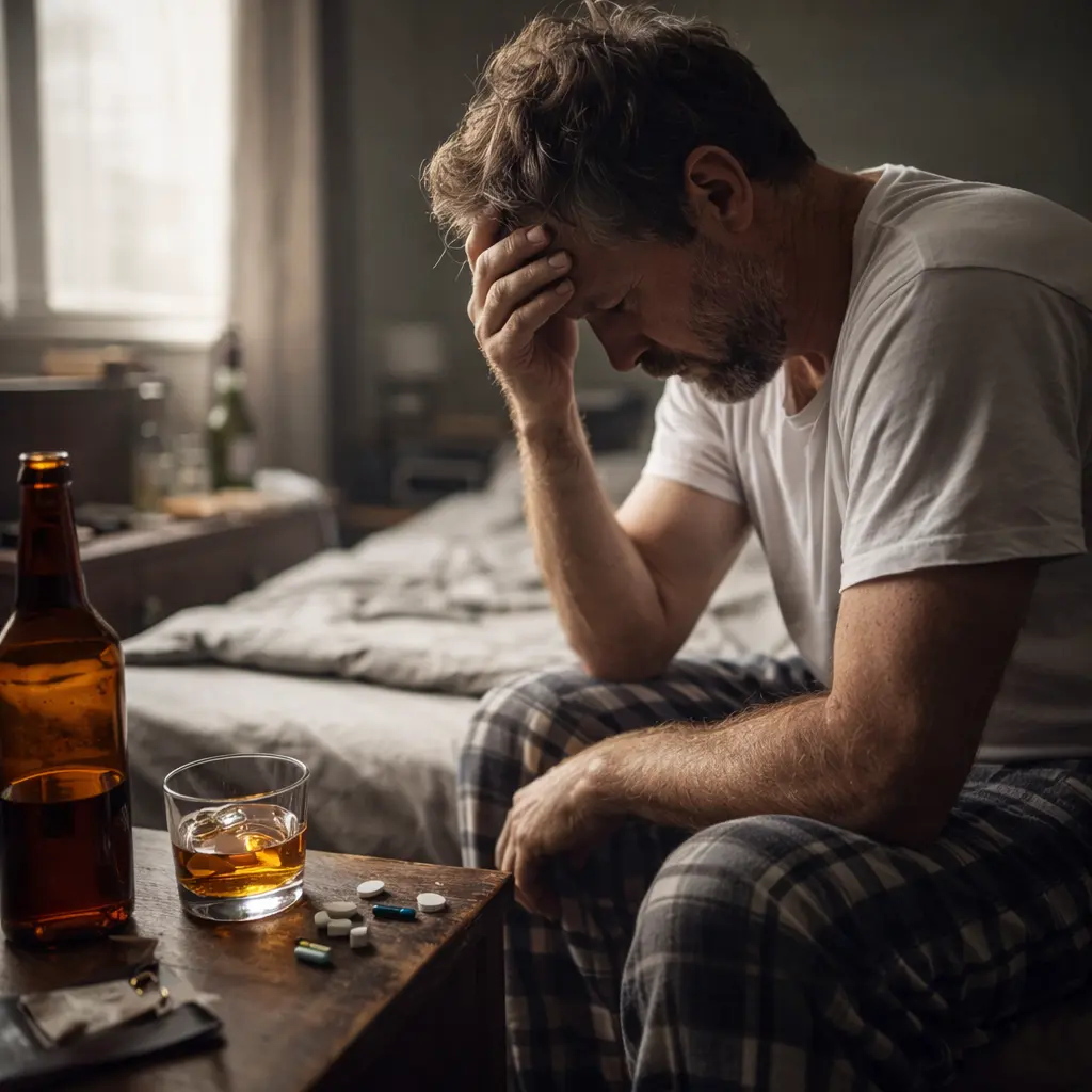 Man sitting on bed experiencing advanced stages of alcoholism and alcohol dependence after binge drinking