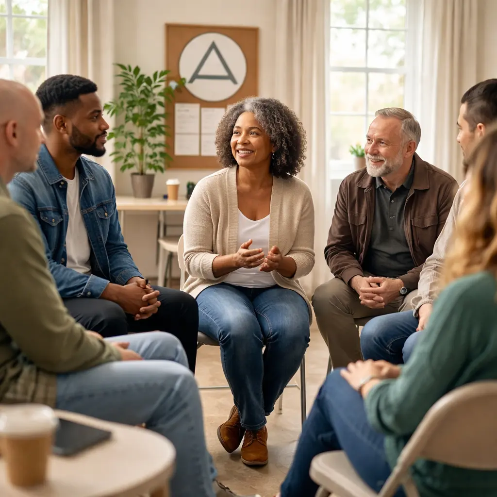 Alcoholics Anonymous group meeting discussing the principles of AA 12 traditions in a supportive recovery setting