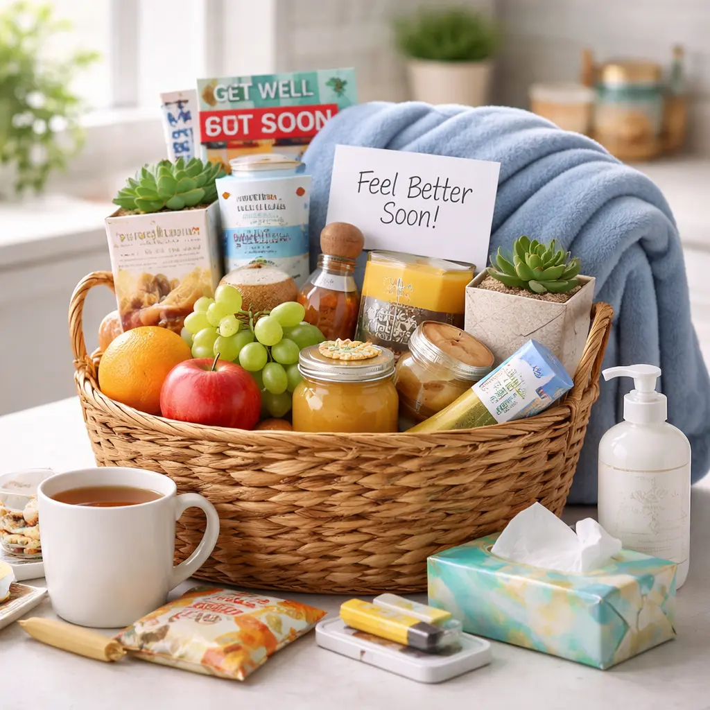 Get well gift basket with fresh fruit, tea, blanket, and comfort items arranged for recovery support