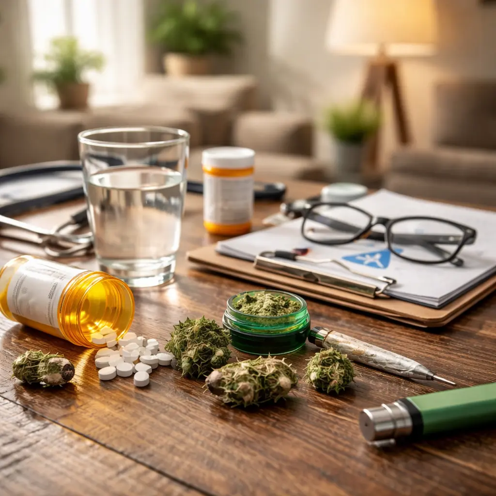 Recovery items including cannabis, prescription pills, and water on a table representing questions about weed and alcohol withdrawal.