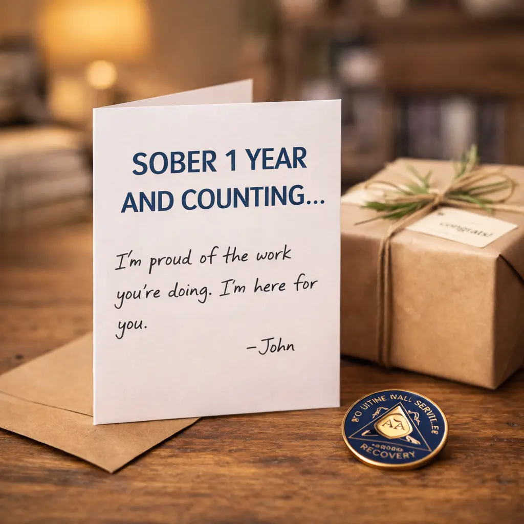 Sobriety milestone gift for men with a one-year sober card, recovery note, wrapped gift, and sobriety medallion
