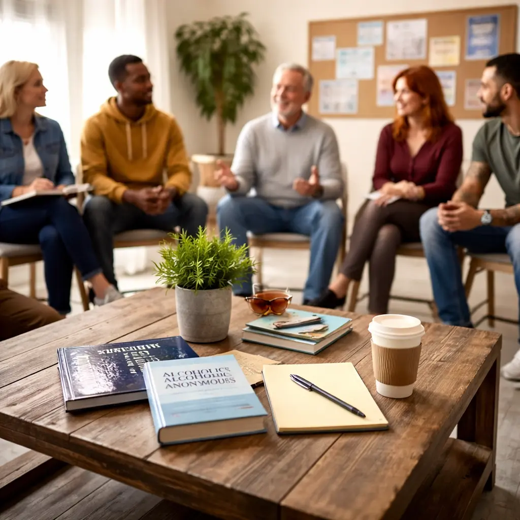 AA discussion meeting focused on shared recovery topics with participants seated in a circle and Alcoholics Anonymous literature on a table