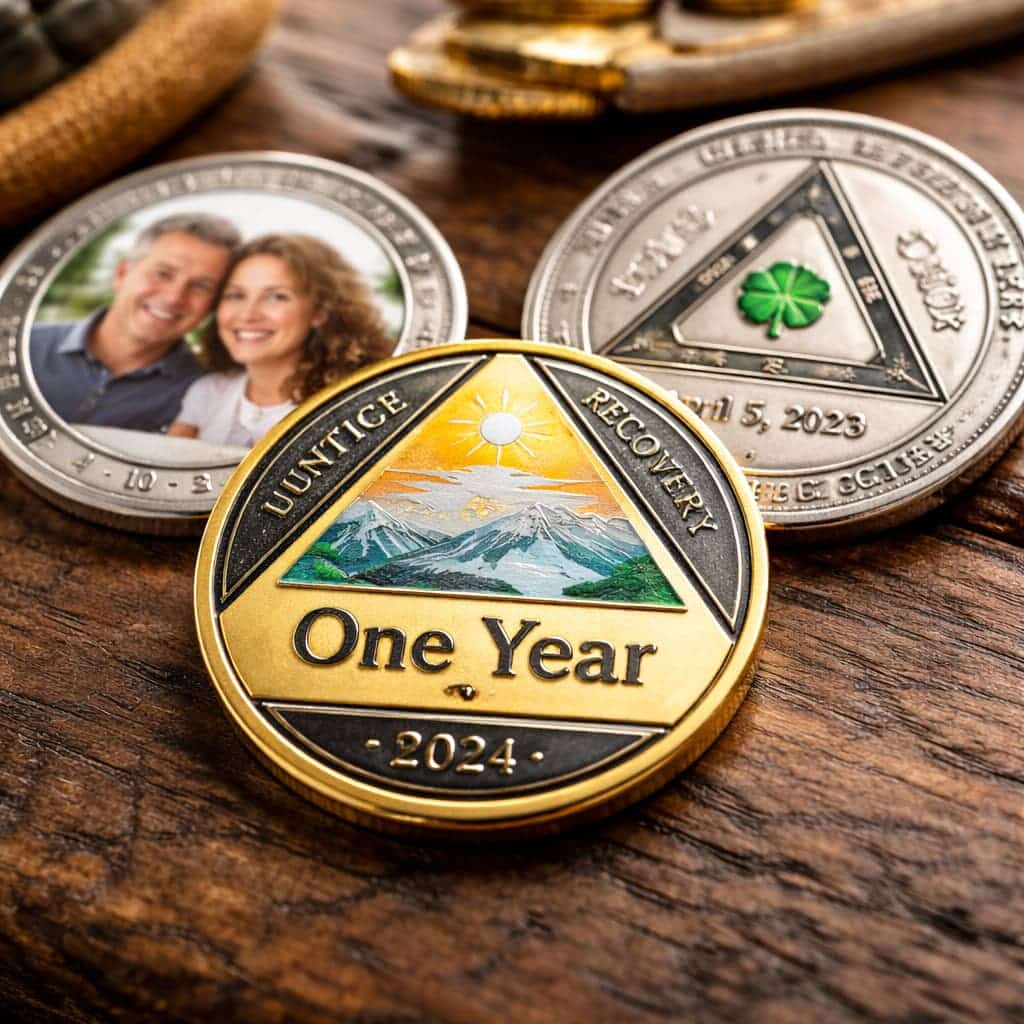 Personalized sobriety coins including a custom 1 year AA chip and engraved AA medallions displayed on a wooden surface
