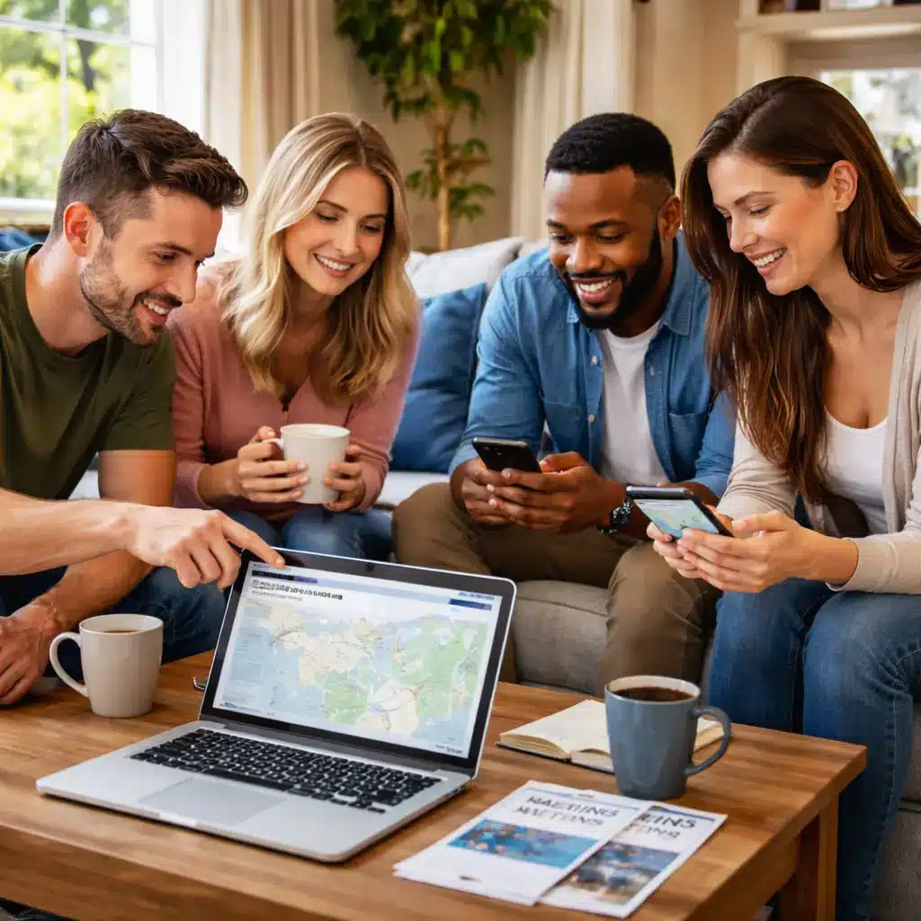 Group of adults using phones and a laptop to search for AA and NA meetings using meeting finder apps.