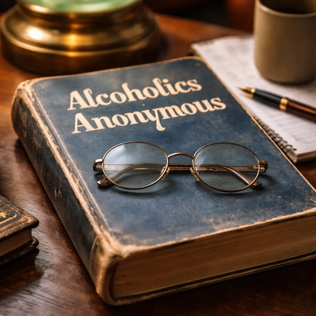 Vintage Alcoholics Anonymous Big Book resting on a wooden desk, representing the history of the AA book and its early origins.