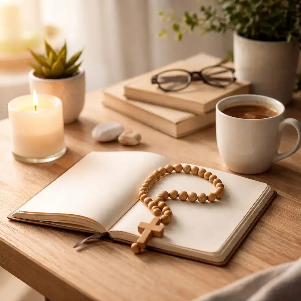 Open notebook with prayer beads and candle representing the serenity prayer and mindful routines in sober living.