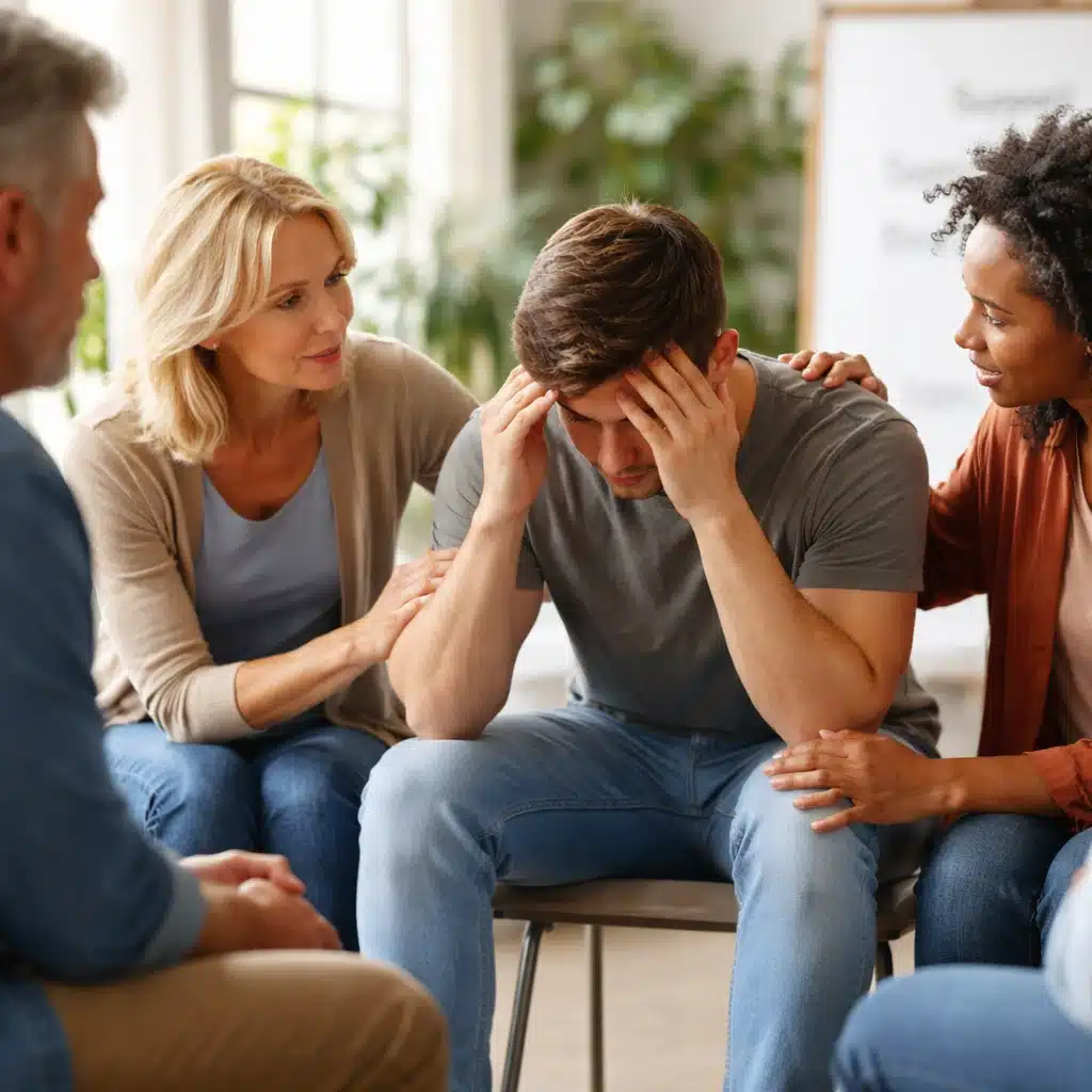 Family members offering emotional support to a loved one struggling with addiction during a serious conversation at home.