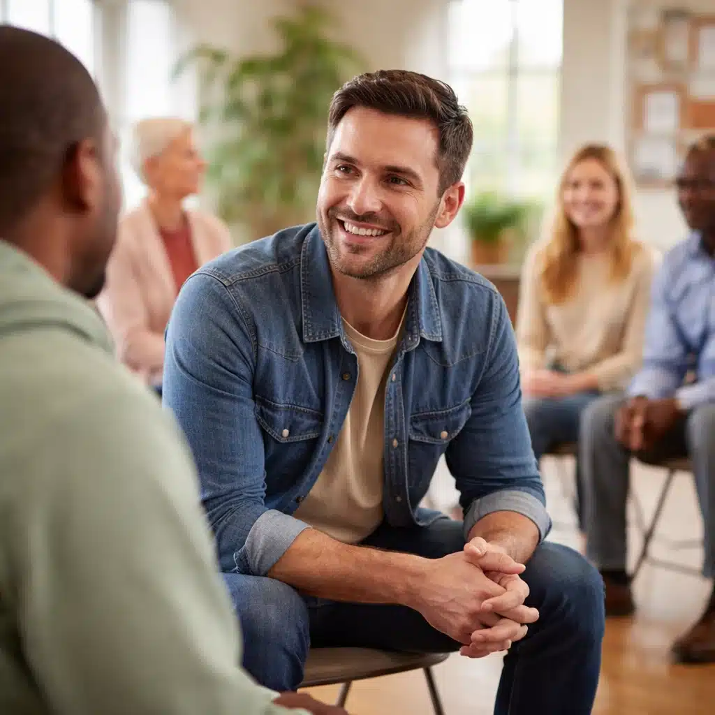 People attending an Alcoholics Anonymous meeting, sitting in a supportive group discussion for those learning how to join AA.