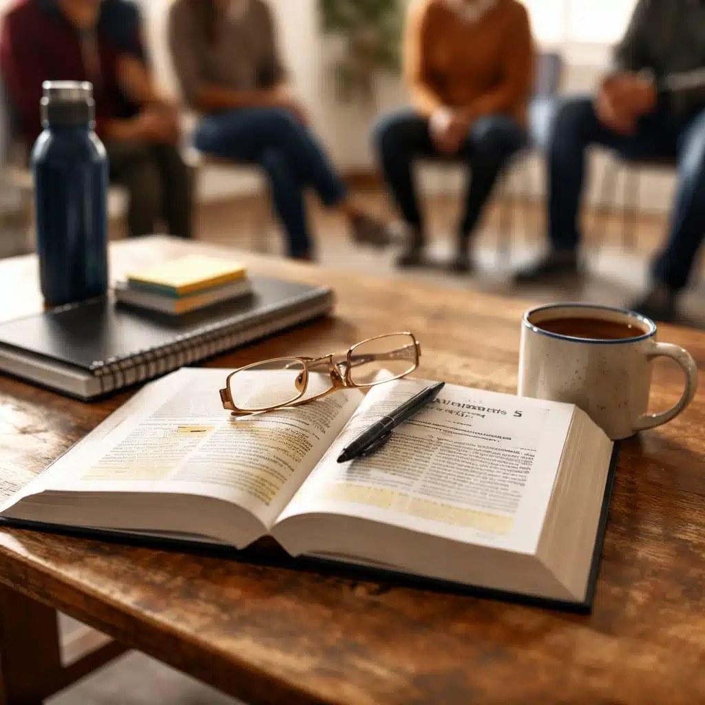 Open Alcoholics Anonymous Big Book on a table during an AA meeting discussion focused on Big Book topics and shared recovery experiences