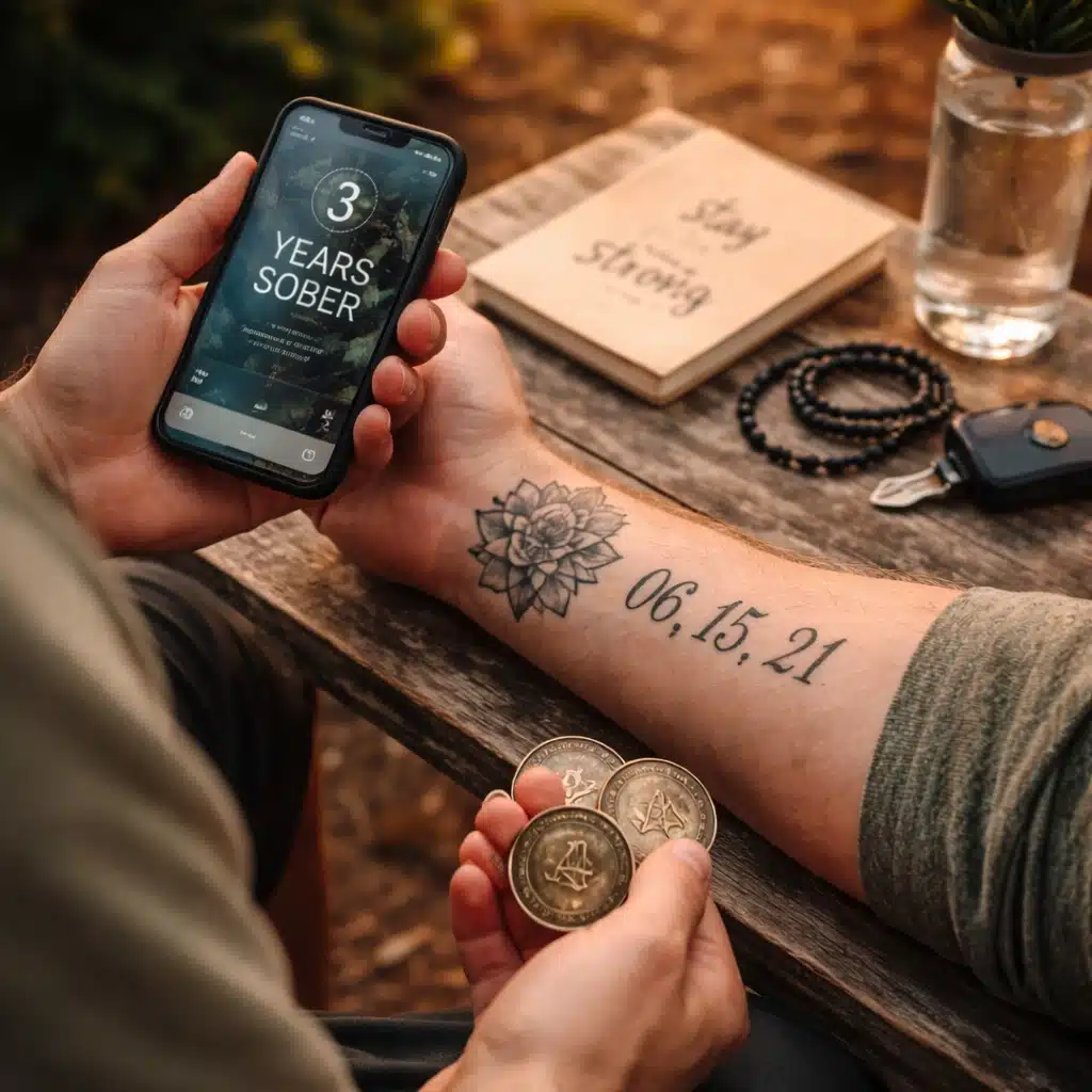 Sobriety date tattoo on a person’s forearm holding recovery medallions outdoors, representing tattoo sober commitment.