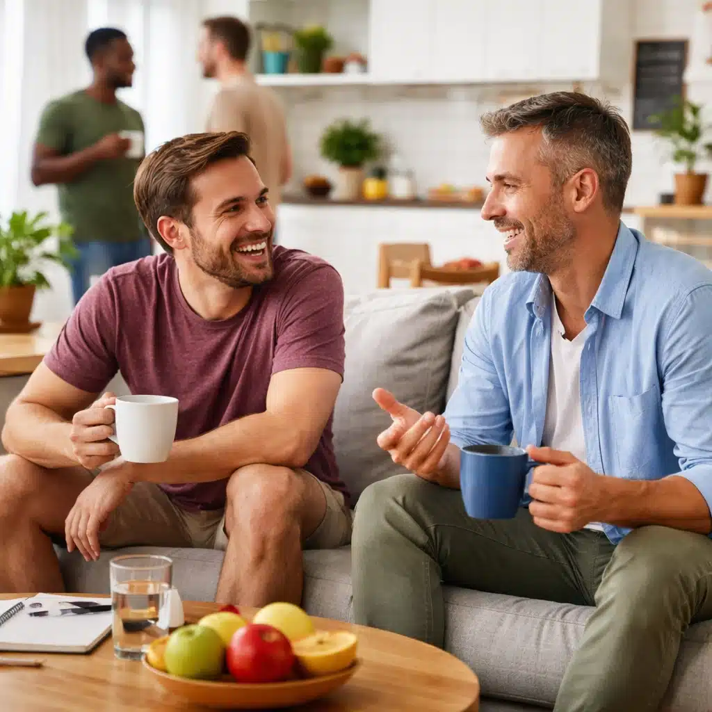 Two men talking and smiling in a bright sober living home, showing connection and support after quitting alcohol.