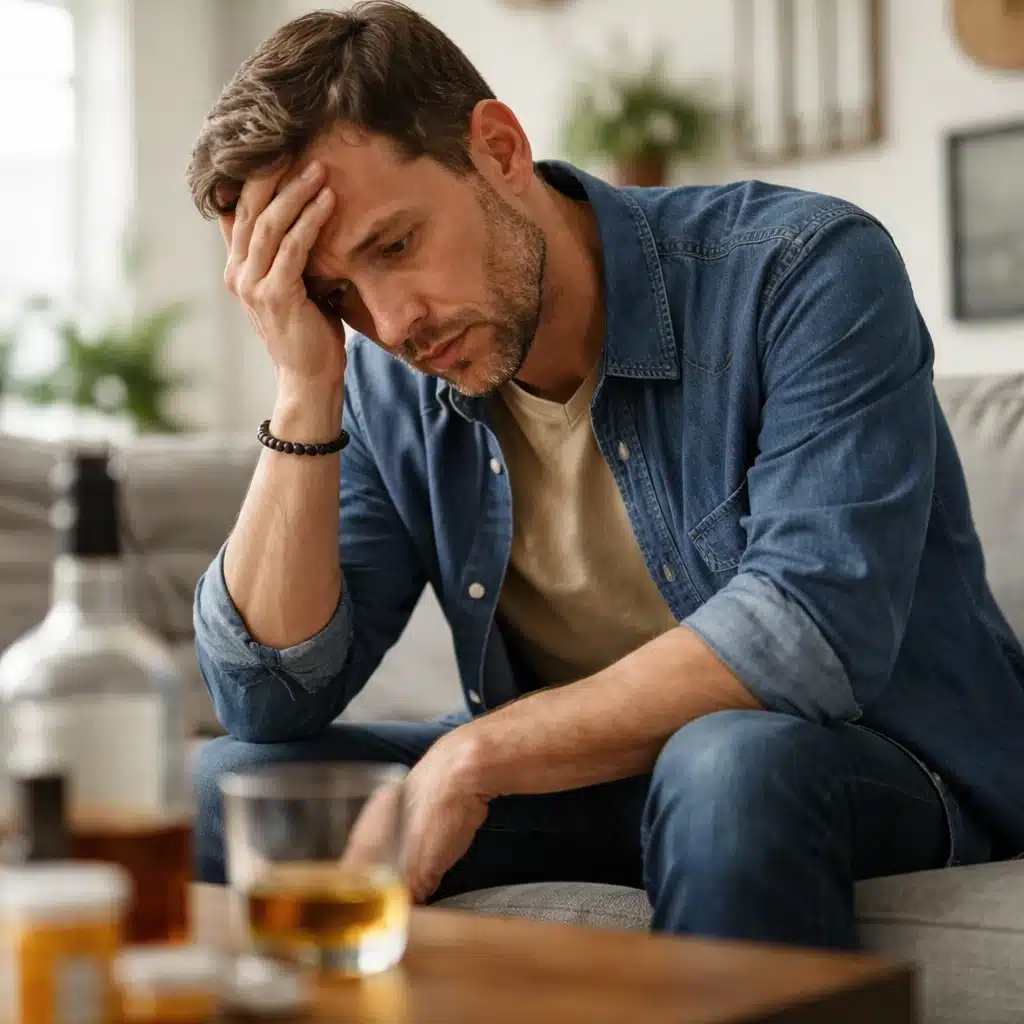 Man sitting on a couch feeling overwhelmed during relapse and recovery after alcohol or drug use