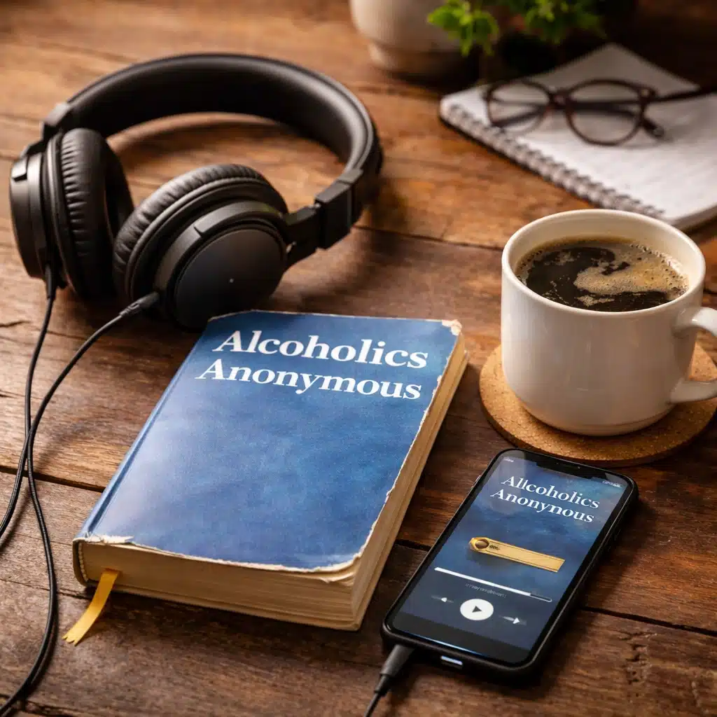 AA audio book setup with Alcoholics Anonymous Big Book, headphones, and smartphone playing big book audio on a wooden table.