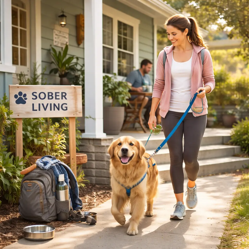 Woman walking her dog outside a pet friendly sober living home in Austin TX