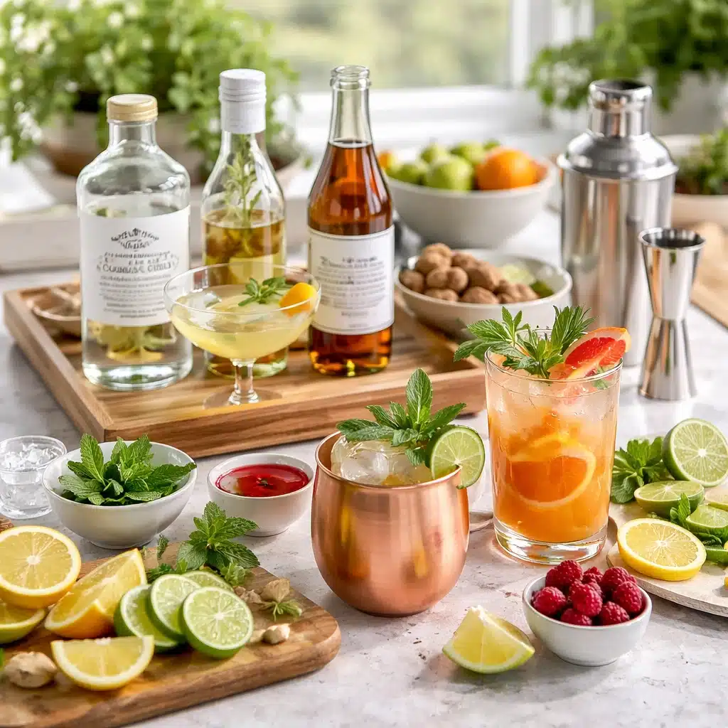 Home sober bar with non alcoholic cocktails, zero proof spirits, and fresh drink garnishes