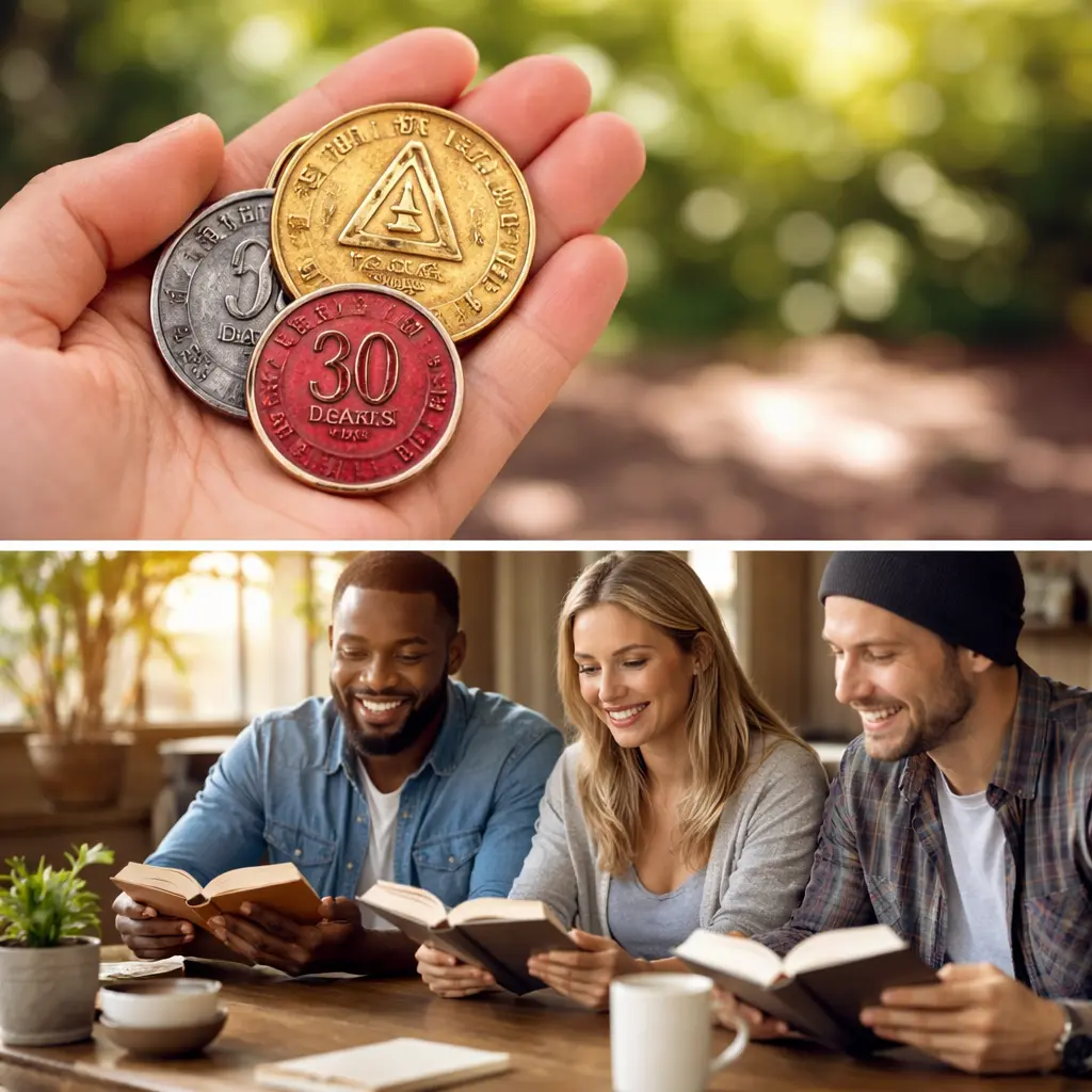 AA sobriety medallions representing recovery milestones and one day at a time progress