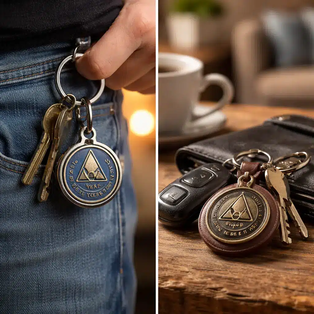 AA sobriety medallion keychain resting on a wooden table with house keys and personal items in a calm living space
