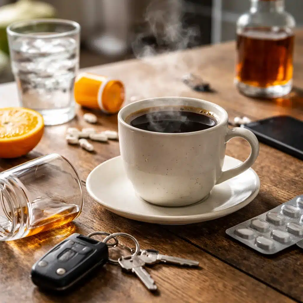 Coffee after alcohol on a wooden table showing that drinking coffee after drinking alcohol does not sober you up