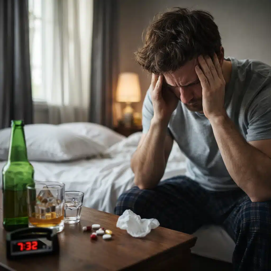 Man experiencing the short term effects of drinking alcohol and physical discomfort after alcohol use